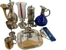 Silver plated horn handled claret jug, blue glass claret jug and other silver plate,