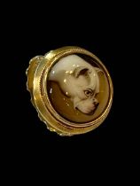 19th Century gold ring with miniature portrait of a bulldog, signed verso ESSEX 1862,