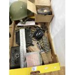 Boxed L & Bro WWII mask, military helmet, general purpose recording camera, Airguide USA compass,