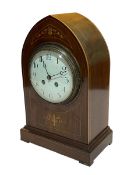 Mahogany inlaid arch top mantel clock, 35cm.