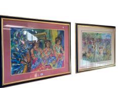 Pair large decorative framed pictures.