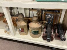 Collection of nautical items including ships lamps, canons, ships wheel, framed novelty pictures,