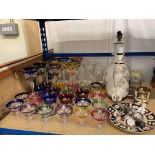 Two pottery table lamps, assorted glass, wristwatches, etc.