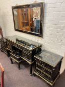 Oriental style black lacquered and floral decorated five piece bedroom suite comprising five drawer