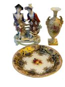 Royal Worcester plate, blush vase, and Continental lady and gallant group (3).