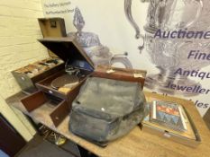 HMV table top gramophone and collection of 78 records, vintage case and LC Smith typewriter.