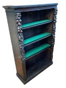 Victorian carved oak open bookcase with three adjustable shelves, 132cm by 84cm by 33cm.