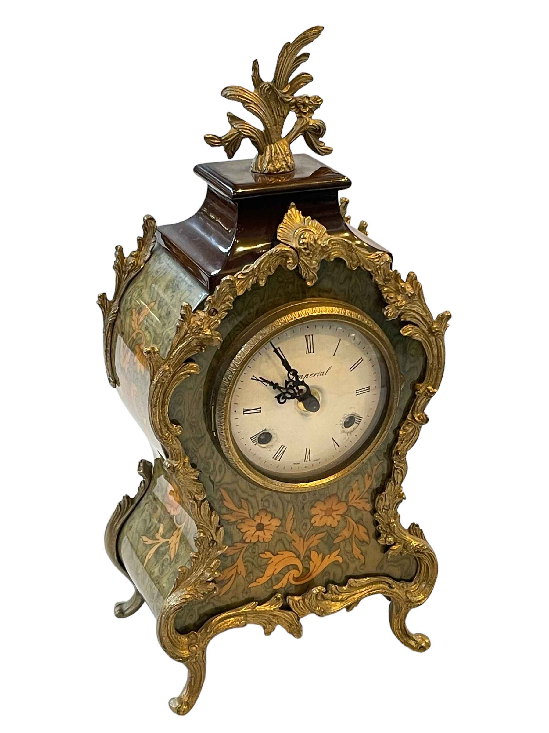 Italian ornate gilt mounted mantel clock with German striking movement, 37cm.