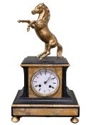 Ornate gilt stallion horse mantel clock, 43cm.