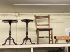 Child's chair, two tripod wine tables, stool and wall mirror (5).