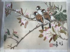 Two Chinese scroll paintings of birds and flowers.