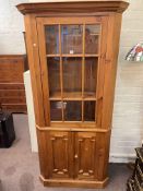 Pine barrel backed standing corner cabinet, 185cm.