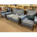 1920's carved oak and studded blue leatherette two seater three piece lounge suite.