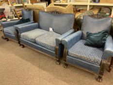 1920's carved oak and studded blue leatherette two seater three piece lounge suite.