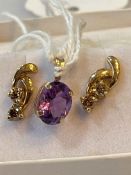9 carat gold amethyst pendant and 9 carat gold earrings (2).