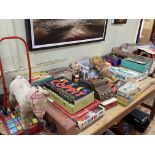 Collection of various vintage toys including model railway, Mousetrap and other games, teddies,