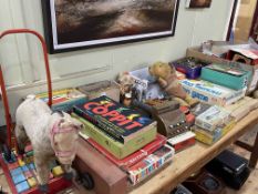 Collection of various vintage toys including model railway, Mousetrap and other games, teddies,