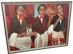 Robert Plesenier, The Three Waiters, on canvas, 102cm by 136cm, framed.