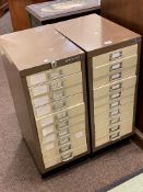 Pair Bisley two tone ten drawer office cabinets, 67cm by 28cm by 41cm.