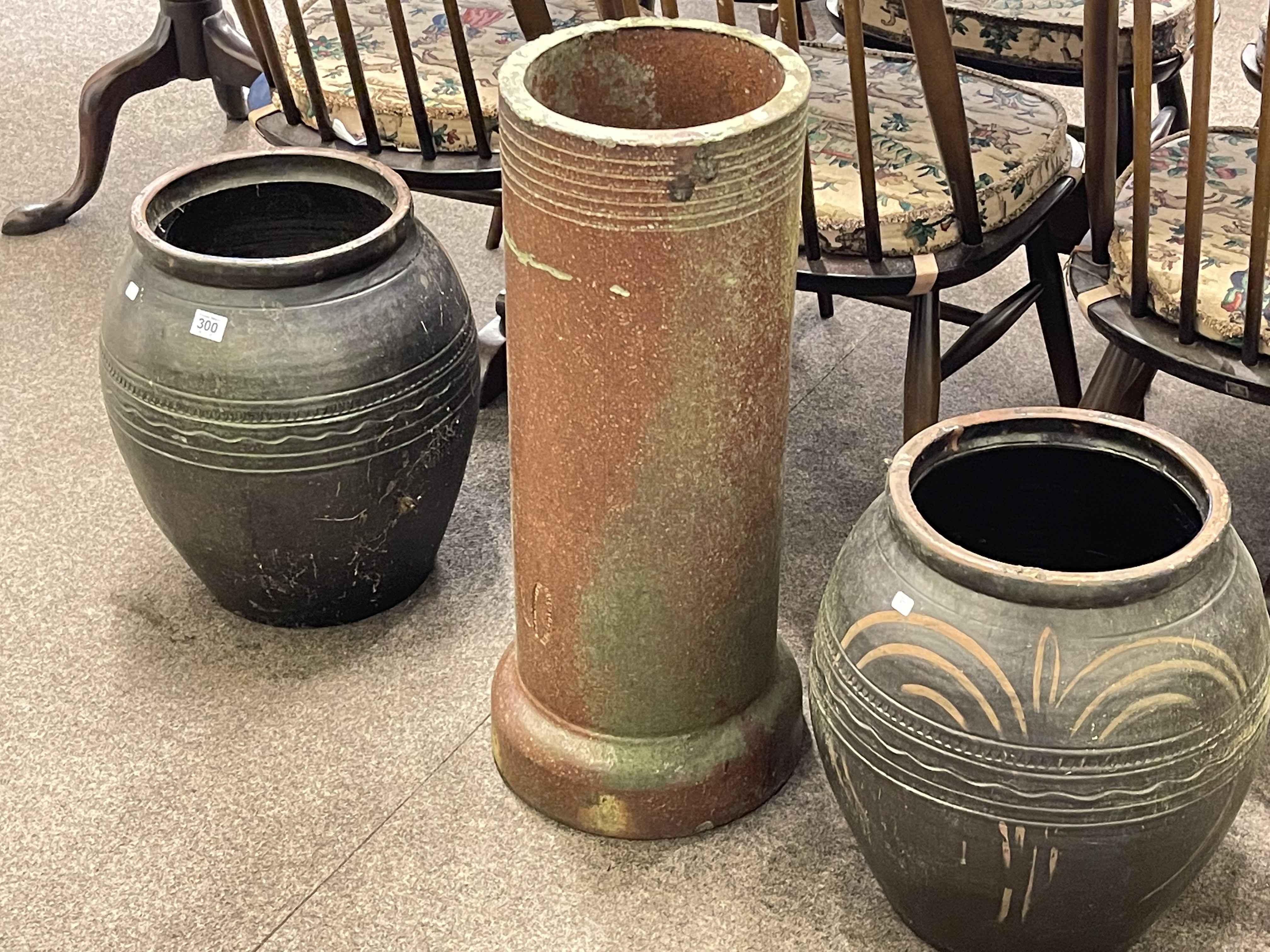 Vintage salt glazed chimney pot and pair garden planters, chimney pot 66cm tall (3).