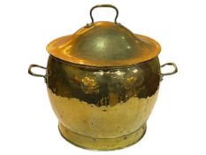 Ornate beaten brass coal bucket with lid, 47cm.