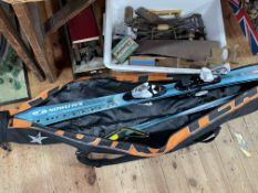 Pair of Salomon 150cm skis, poles and bag, two boxes of various tools, etc.