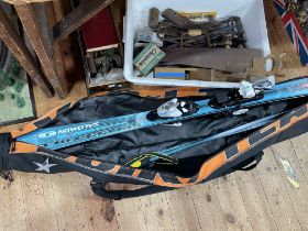 Pair of Salomon 150cm skis, poles and bag, two boxes of various tools, etc.