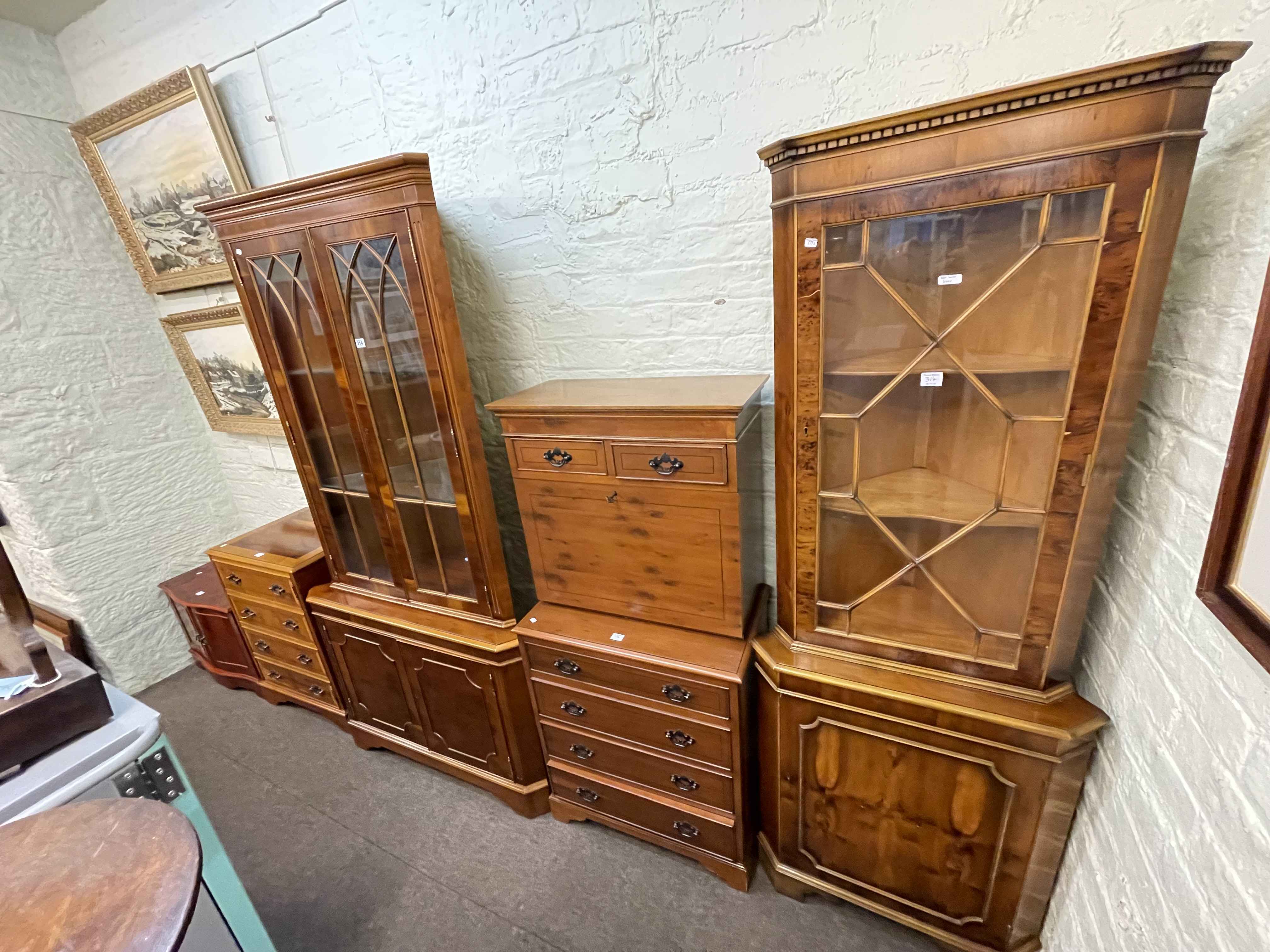 Two yew double corner cabinets, yew writing cabinet and hi-fi cabinet,
