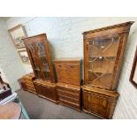 Two yew double corner cabinets, yew writing cabinet and hi-fi cabinet,