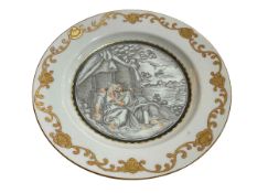 Chinese Export plate decorated with lovers in landscape, gilt pattern to border, 22cm diameter.