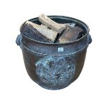 Copper log bucket with lion head handles, 50cm.