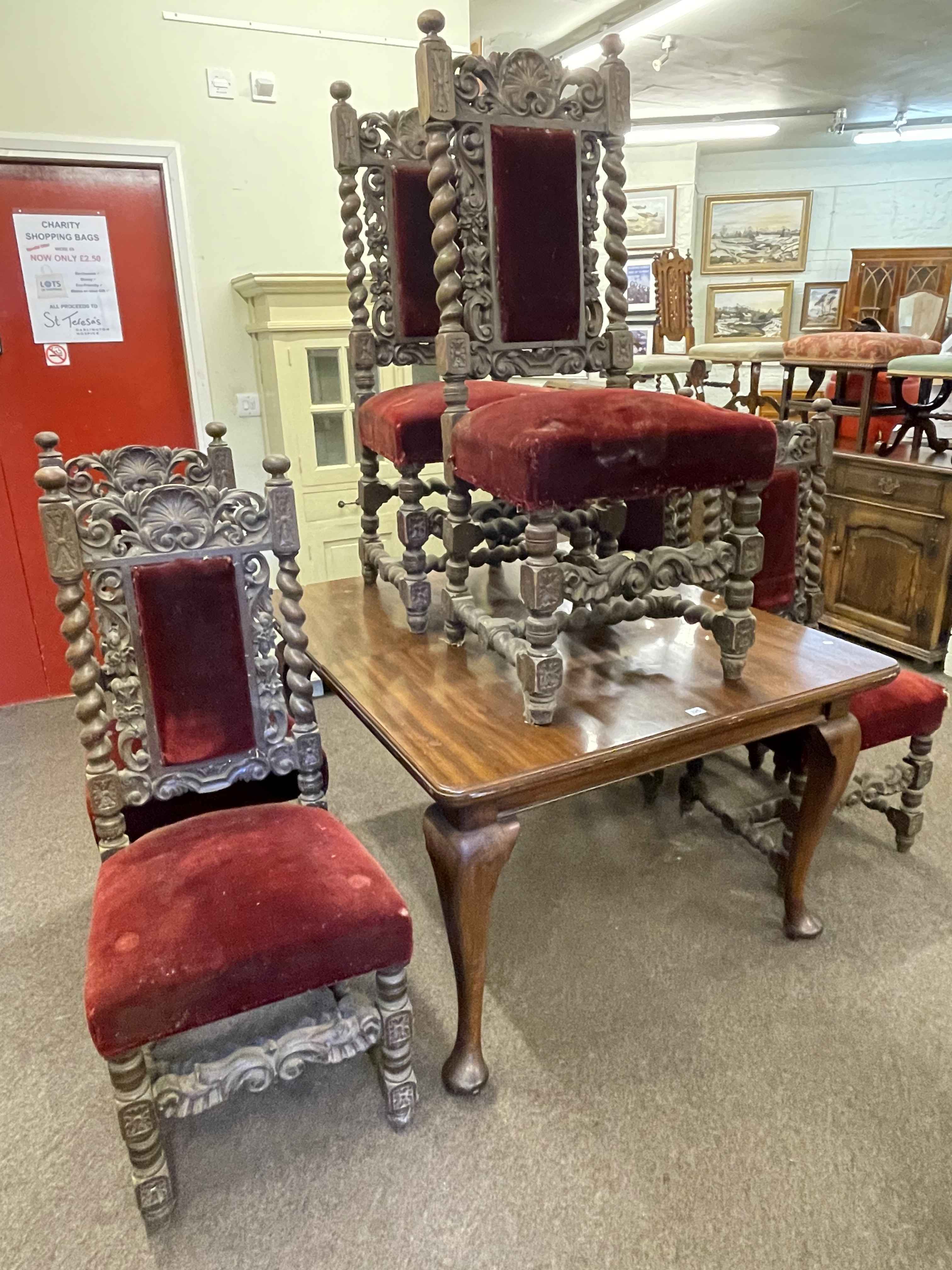 Early 20th Century mahogany cabriole leg dining table and set of six Victorian carved oak dining