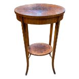 Burr wood crossbanded oval occasional table with undershelf, 74.5cm by 46cm by 38cm.