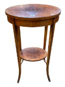 Burr wood crossbanded oval occasional table with undershelf, 74.5cm by 46cm by 38cm.