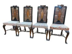 Set of four inlaid and Bergere panel back dining chairs.