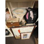 Pair of Aynsley and another lamp with shades, sewing box, linens, two pictures, etc.