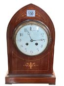 Mahogany inlaid arch top mantel clock, 35cm.