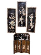 Set of three Chinese lacquered plaques, each 70cm by 25cm, wall clock and table screen.