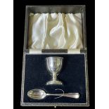 Silver egg cup, Birmingham 1937 with plated spoon, cased.