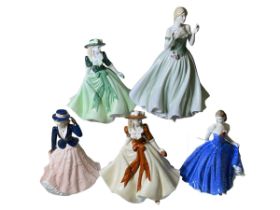 Collection of five Royal Worcester figures including Keepsake and Holly.