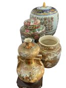 Signed Satsuma two handled vase 23cm, Satsuma jar, two ornate Chinese storage jars.