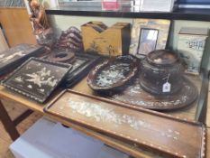 Collection of Chinese mother of pearl inlaid plaques, trays, Buddha figures, etc.