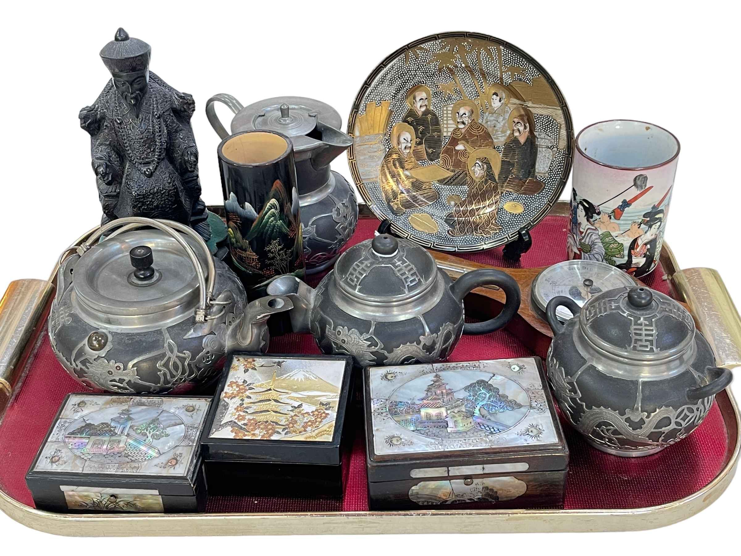 Chinese pewter mounted tea set, brush pot, boxes, etc.