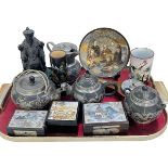 Chinese pewter mounted tea set, brush pot, boxes, etc.