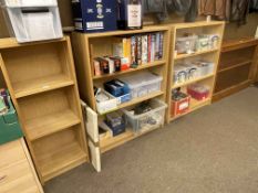 Yew low bookcase and three open bookcases, and three drawer pedestal chest (5).