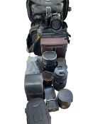 Collection of cameras and lenses including Tamron, Mamiya, Nikon D5100, etc.