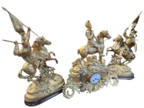 Large three piece ornate gilt metal clock garniture each mounted with knights on horseback.
