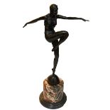 Art Deco style bronze of dancing lady on marble plinth, 55cm.