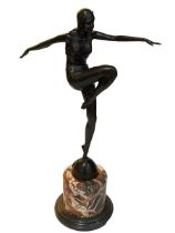 Art Deco style bronze of dancing lady on marble plinth, 55cm.