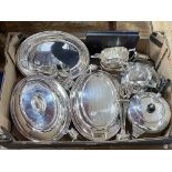 Collection of silver plate including tea set, entree dishes, etc.